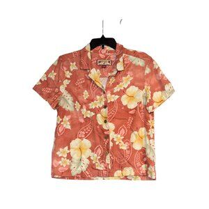 Caribbean Joe Womens Floral Hawaiian Button-Up Shirt M 100% Rayon Casual Tropica
